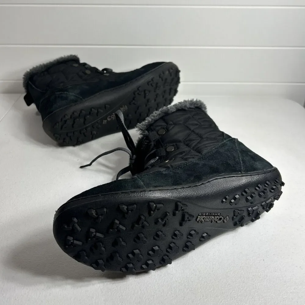 Columbia Boots Women’s Size 8 Black Shorty Suede Quilted Omni Heat Waterproof